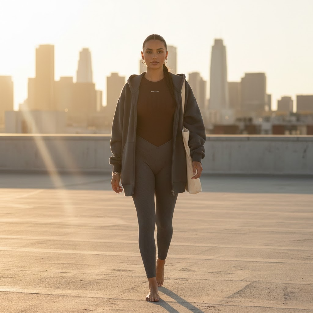 A woman walking confidently on a city rooftop at golden hour, wearing the Ombrey Obsidian ribbed leggings and an oversized charcoal zip-up hoodie. The warm sunset light highlights the technical fabric texture against a soft-focus urban skyline, embodying the brand's Luxury Essentials philosophy
